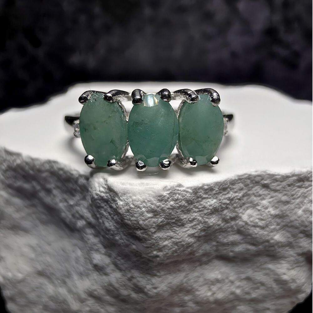 Natural Emerald 3-Stone Ring, S925 Sterling Silver, Size 7